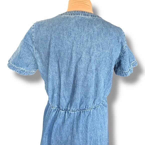 Vintage 90s Faded Glory Denim Button Front Midi Dress Short Sleeve Vneck Pockets - Picture 7 of 12